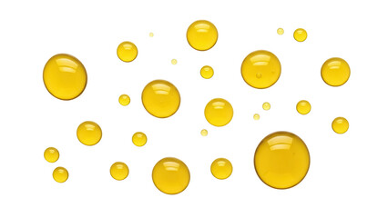 Golden oil drops PNG isolated on transparent background, shiny yellow liquid droplets for beauty...