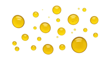 Golden oil drops PNG isolated on transparent background, shiny yellow liquid droplets for beauty and health product design, no background