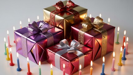 Colorful gift boxes with ribbons surrounded by lit candles on a table