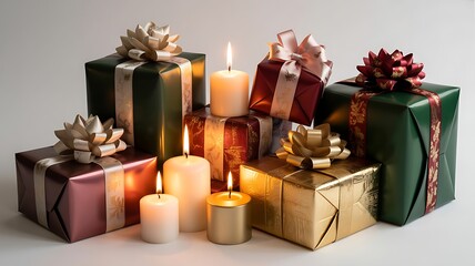Colorful wrapped gifts with lit candles in a festive arrangement presents