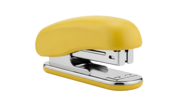 Yellow stapler isolated PNG, office supply for paper fastening and document organization, stationery tool on transparent background