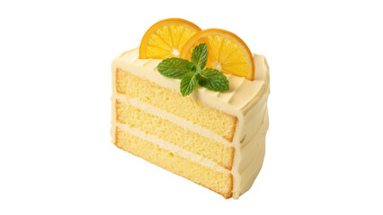 Delicious slice of orange cake isolated PNG on transparent background, layered dessert with citrus fruit and mint garnish for patisserie menu © Dan