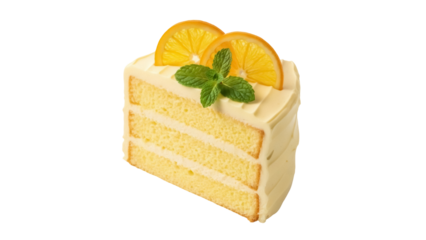 Delicious slice of orange cake isolated PNG on transparent background, layered dessert with citrus fruit and mint garnish for patisserie menu