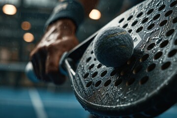 Close-up of a hand gripping a textured paddle with a tennis ball poised for a powerful serve, showcasing the intensity and focus of competitive sports in a dynamic indoor environment
