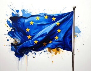 Waving EU flag, stylized with splashes and drips of blue and gold paint effect on white background