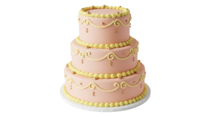 Elegant three-tiered pink cake with yellow frosting isolated PNG, festive dessert for birthdays and celebrations on transparent background