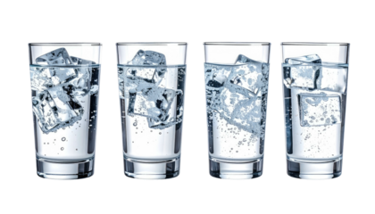 Four tall glasses, filled with sparkling water and ice cubes, arranged horizontally