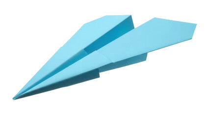 Light blue paper airplane isolated PNG on transparent background, origami toy for kids and creative projects