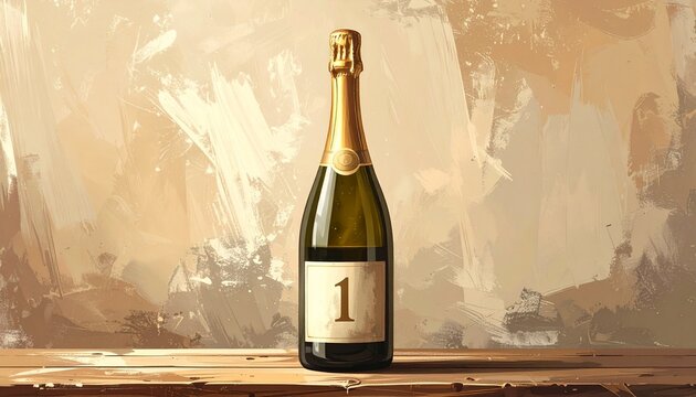 Champagne bottle with number 1 on the label. Rustic illustration for birthday or anniversary celebration
