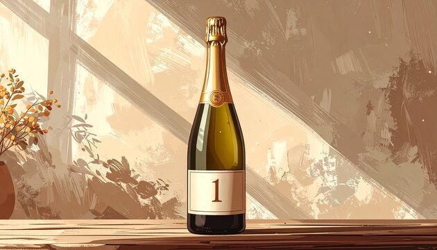 Champagne bottle with number 1 on the label. Rustic illustration for birthday or anniversary celebration
