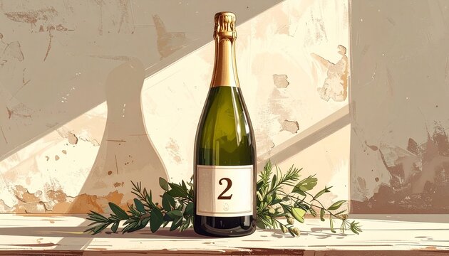 Champagne bottle with number 2 on the label. Rustic illustration for birthday or anniversary celebration