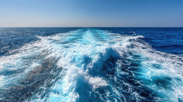 Cruise Ship's Wake in Blue Ocean on a Sunny Day
