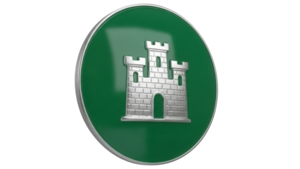 Green and silver castle emblem isolated PNG, heraldic symbol on transparent background for military engineering and construction