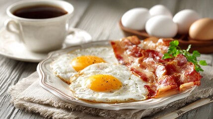 Breakfast scene with eggs and bacon served in caf&eacute; setting, marble table, natural daylight