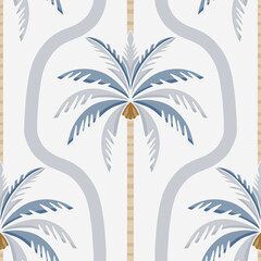 Cotton fabric Seamless pattern with elegant dusty blue palm trees and sophisticated vertical stripes on white background for tropical textile and coastal interior wallpaper decor