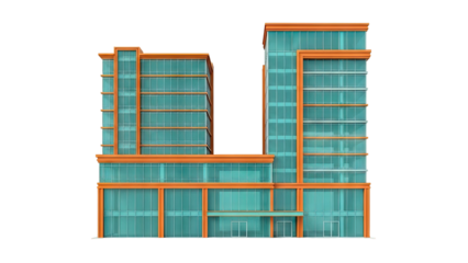 Modern glass office buildings with orange accents