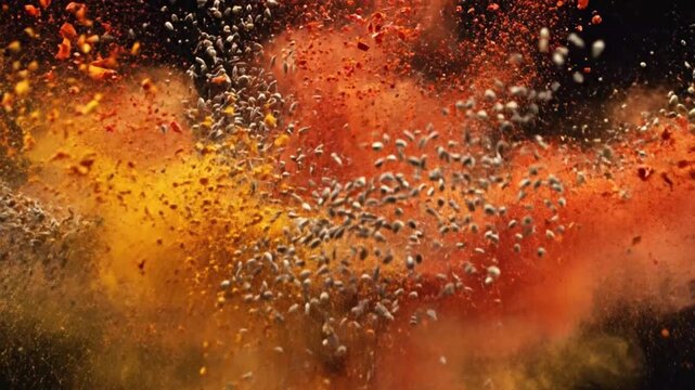 4K macro slow-motion shot of explosion of ground spices against a black background symbolizing flavor intensity and culinary art. Premium food cinematography.