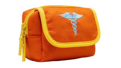 Orange first aid kit bag isolated PNG, medical emergency pouch with caduceus symbol on transparent background for healthcare