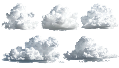Five fluffy, white clouds isolated on a black background, perfect for compositing or design use