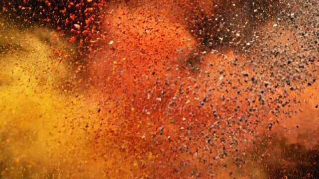 4K macro slow-motion shot of explosion of ground spices against a black background symbolizing flavor intensity and culinary art. Premium food cinematography.