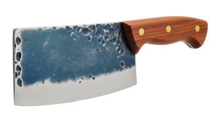 Hand forged meat cleaver isolated PNG on transparent background, rustic butcher knife with wooden handle for cooking and food preparation