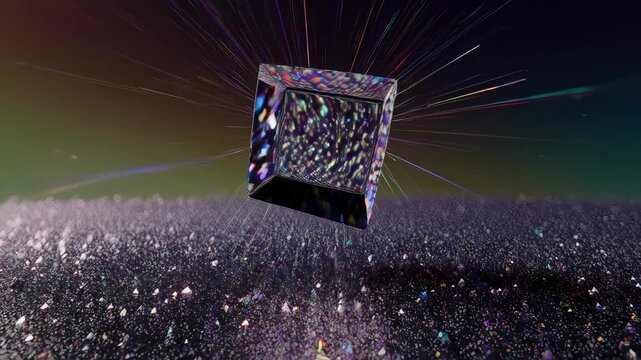 Abstract 3D cube amidst colorful light streaks and glittering surface
