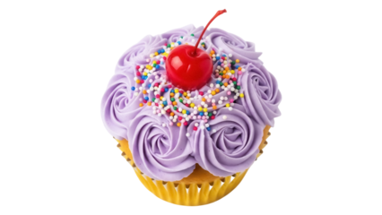 Delicious cupcake with purple frosting and cherry isolated PNG, sweet treat with colorful sprinkles on transparent background for dessert designs