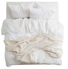 A king bed viewed from above with neatly arranged bedding. The bedding includes white sheets, pillows, and a light throw blanket. There is a focus on the layout