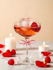 Romantic Valentine Cocktail In Coupe Glass With Heart Ice, Raspberries, Petals And Pink Ribbon