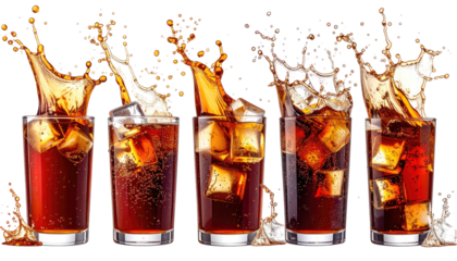Five glasses of cold beverage, ice cubes and splash effects. Beverages, on black background