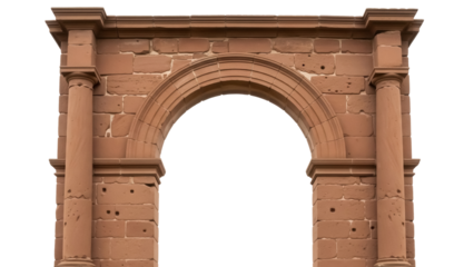 Ancient sandstone archway isolated PNG on transparent background, weathered stone architecture with Romanesque design for historical and architectural projects