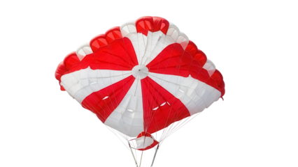 Red and white parachute PNG isolated on transparent background, skydiving equipment for extreme sports and emergency use