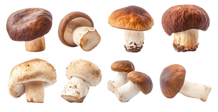 set of autumnal harvest mushrooms edible boletus porcin cap isolated on white