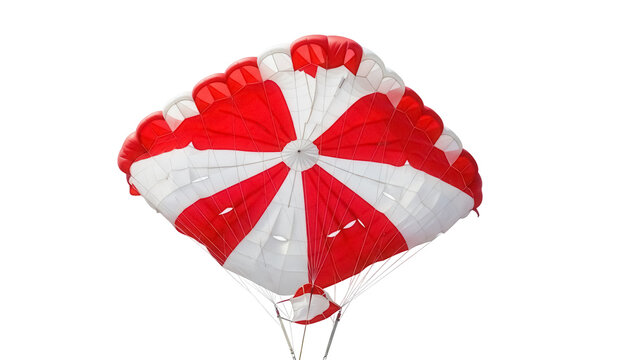 Red and white parachute PNG isolated on transparent background, skydiving equipment for extreme sports and emergency use
