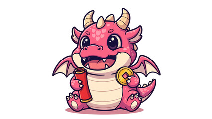 Obraz premium Cute Pink Dragon Holding a Red Scroll and Coin