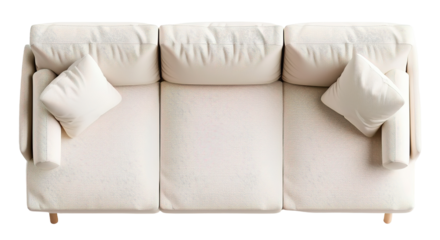 Top view shows a minimalist fabric sofa with two cushions on a transparent background. The design features clean lines and simple shapes suitable for modern living spaces