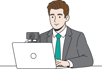 Online Meeting Man Video Call Remote Work Business Concept, Flat Cartoon Illustration Style