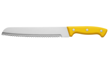 Serrated bread knife with yellow handle isolated PNG, kitchen utensil for slicing bread on transparent background