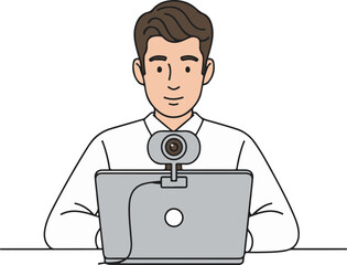 Online Meeting Man Video Call Remote Work Business Concept, Flat Cartoon Illustration Style