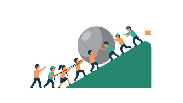 Teamwork pushing a large boulder up a steep hill to a flag, symbolizing collaborative effort, overcoming challenges, and achieving goals.
