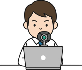Online Meeting Man Video Call Remote Work Business Concept, Flat Cartoon Illustration Style