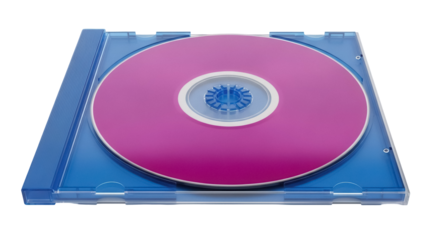 Magenta CD in blue jewel case isolated PNG, compact disc in plastic box for music storage and data backup on transparent background