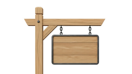 Wooden sign board hanging on chains isolated PNG, vintage style signboard for advertising and promotion on transparent background