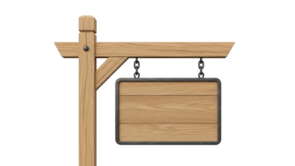 Wooden sign board hanging on chains isolated PNG, vintage style signboard for advertising and promotion on transparent background
