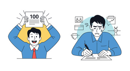 Contrast between a happy student celebrating a perfect test score and an anxious student struggling to write under pressure.