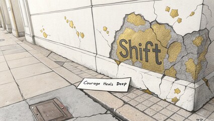 Cracked Wall with Gold Patch and Shift Lettering Sketch
