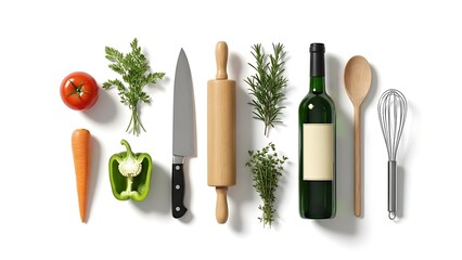 Fresh culinary essentials: a vibrant collection of vegetables, herbs, and kitchen tools isolated on white background