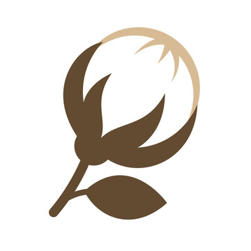 Minimal cotton bud icon with brown sepals and leaf. Flat vector illustration of cotton flower for agriculture and packaging themes