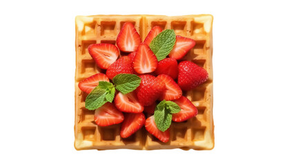 Delicious waffle with fresh strawberries and mint leaves isolated PNG, sweet breakfast dessert on transparent background © Dan