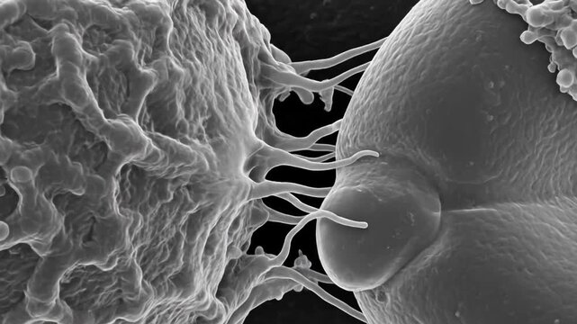 Microscopic View of Cellular Interaction With Intricate Surface Structures and Connecting Filaments Demonstrating Biological Processes in Monochrome Tones Under Electron Microscope Magnification